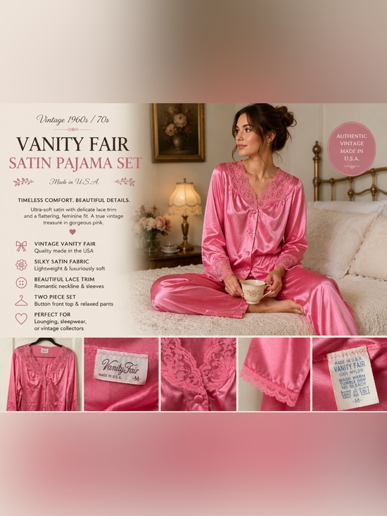 Vanity Fair Other - Vanity Fair Pink Satin Pajama Set with Lace Trim